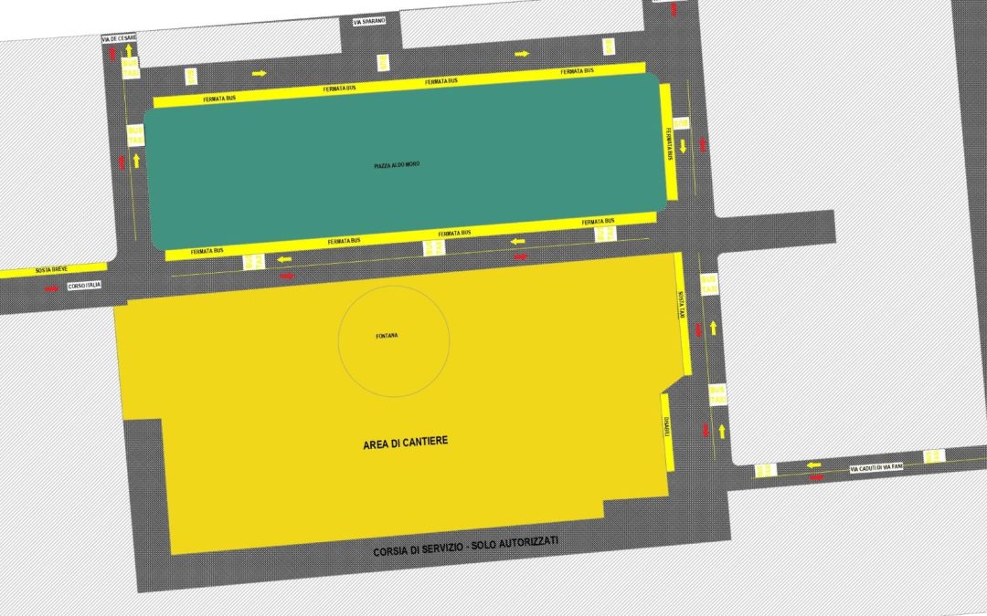 Riqualificazione di Piazza Moro da lunedì il cantiere si sposta sulla porzione sud(dalla fontana all’edificio della stazione centrale)per la seconda fase dei lavori: il programma di riorganizzazione della viabilità. Nella settimana dopo pasqua cambiano capolinea e percorsi autobus
